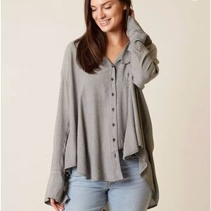 Free People Magic Breeze Oversized Sz XS Women's Gray Button-Up Top Shirt
